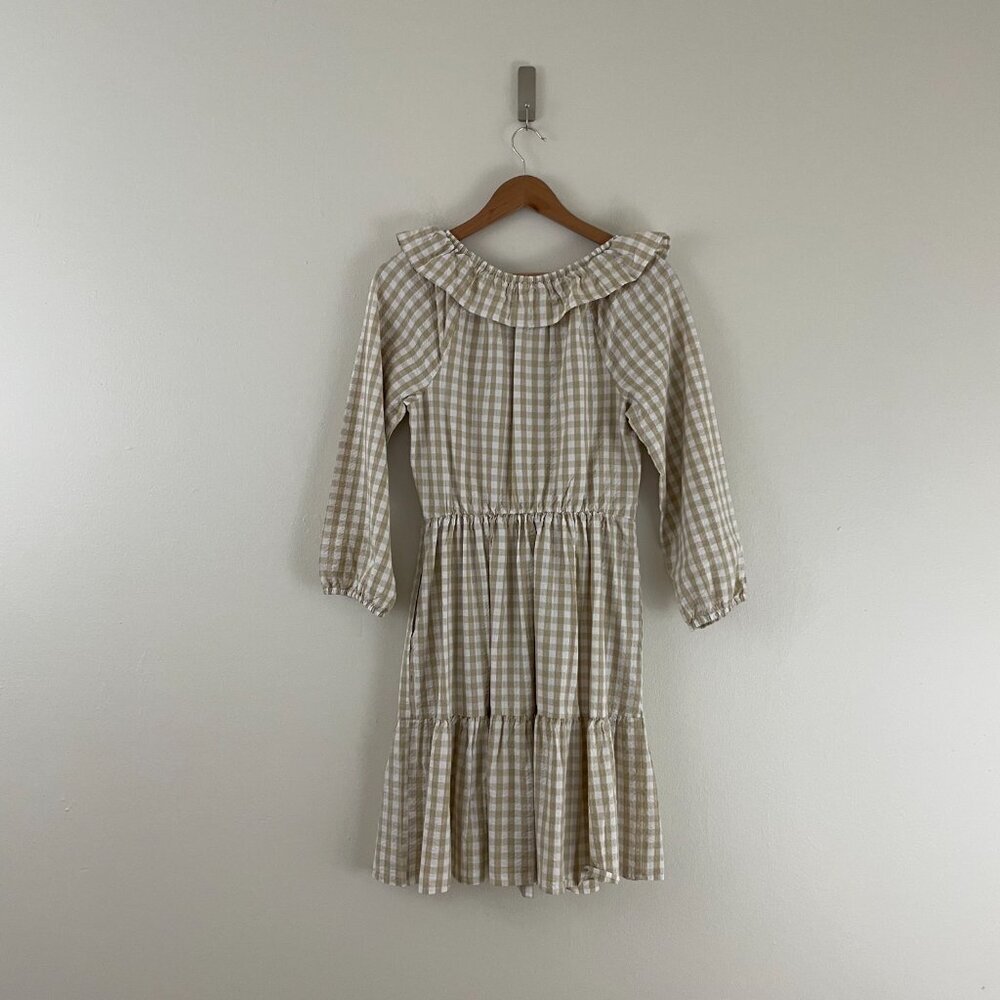 J Crew Light Khaki White Seersucker Ruffle Neck Mini Dress Size 6 - Picture 2 of 6